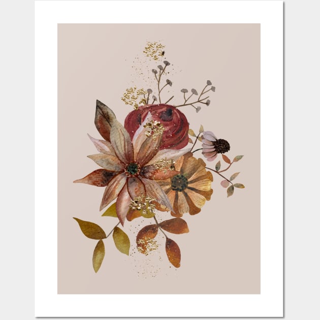Autumn Watercolor Flowers with glitter - pale rose background Wall Art by From Mars